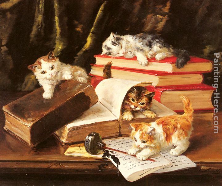 Alfred Brunel de Neuville Kittens Playing on a Desk